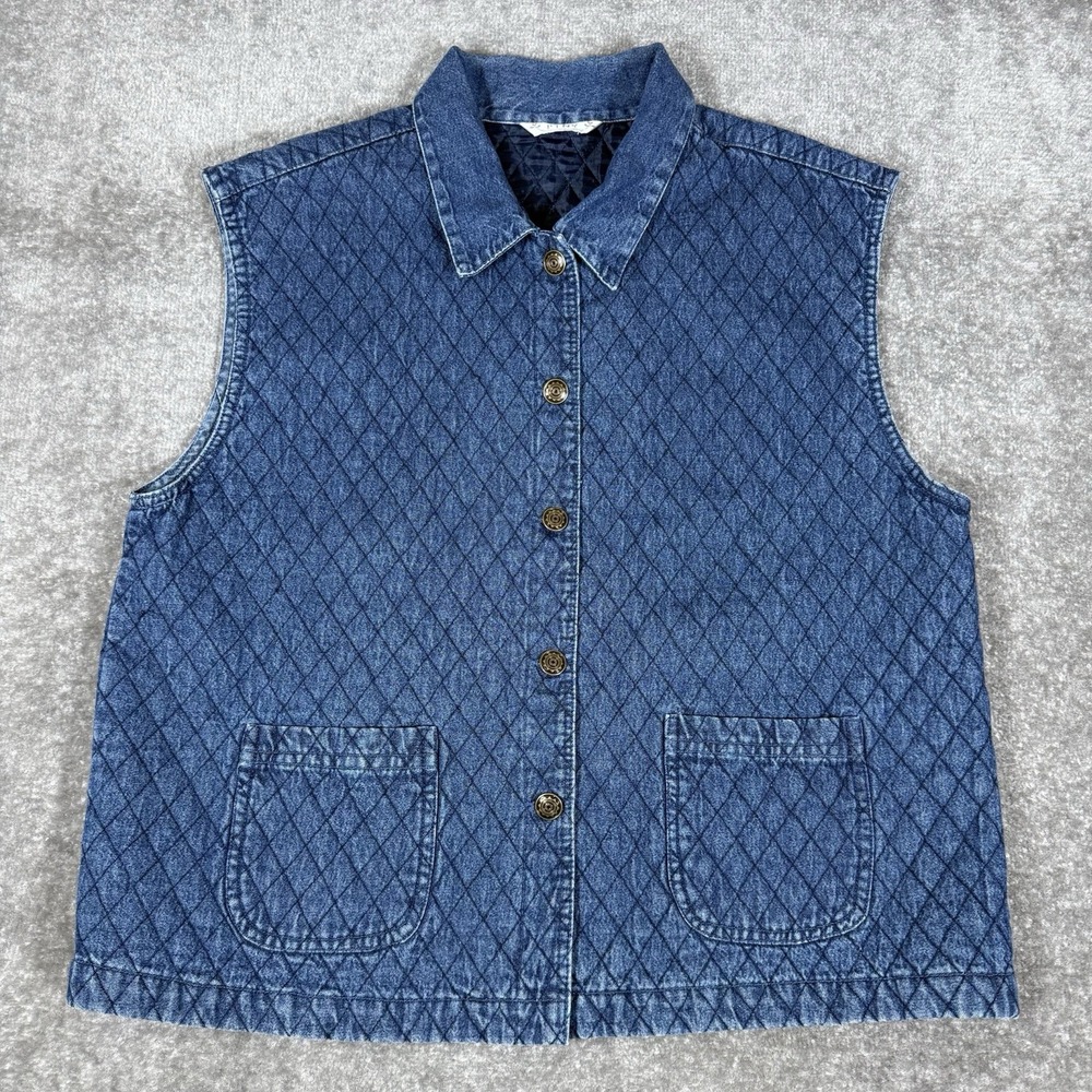 Vintage PTNY Vest Women's XL Blue Quilted Denim Button Boho Cottagecore Western‎